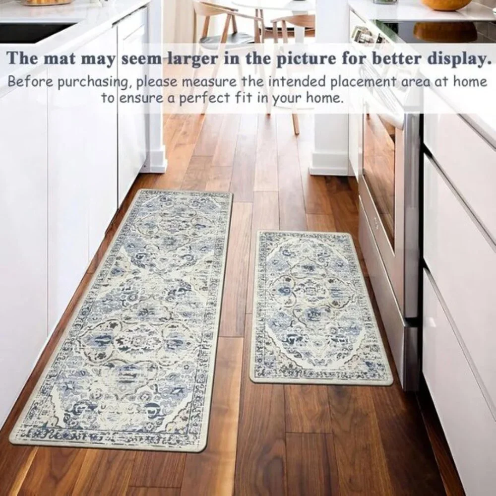 New 2Pcs Blue Cushioned Kitchen Rug Set, Waterproof Anti Fatigue Non Slip Mats